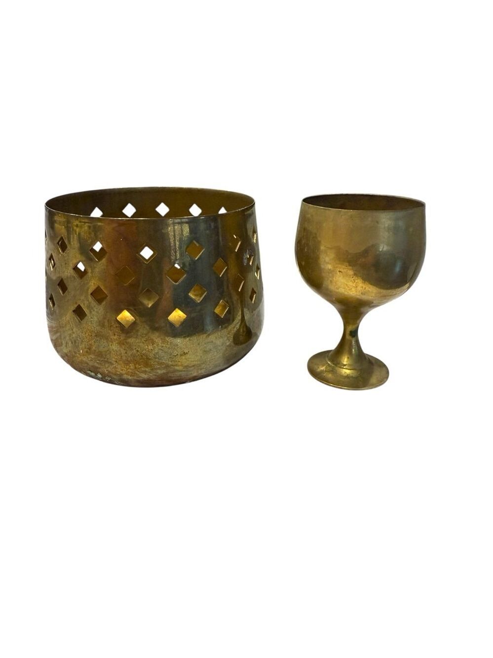 Vintage Brass Wine‎ Goblet & Pierced Brass Bowl – Lot of 2
